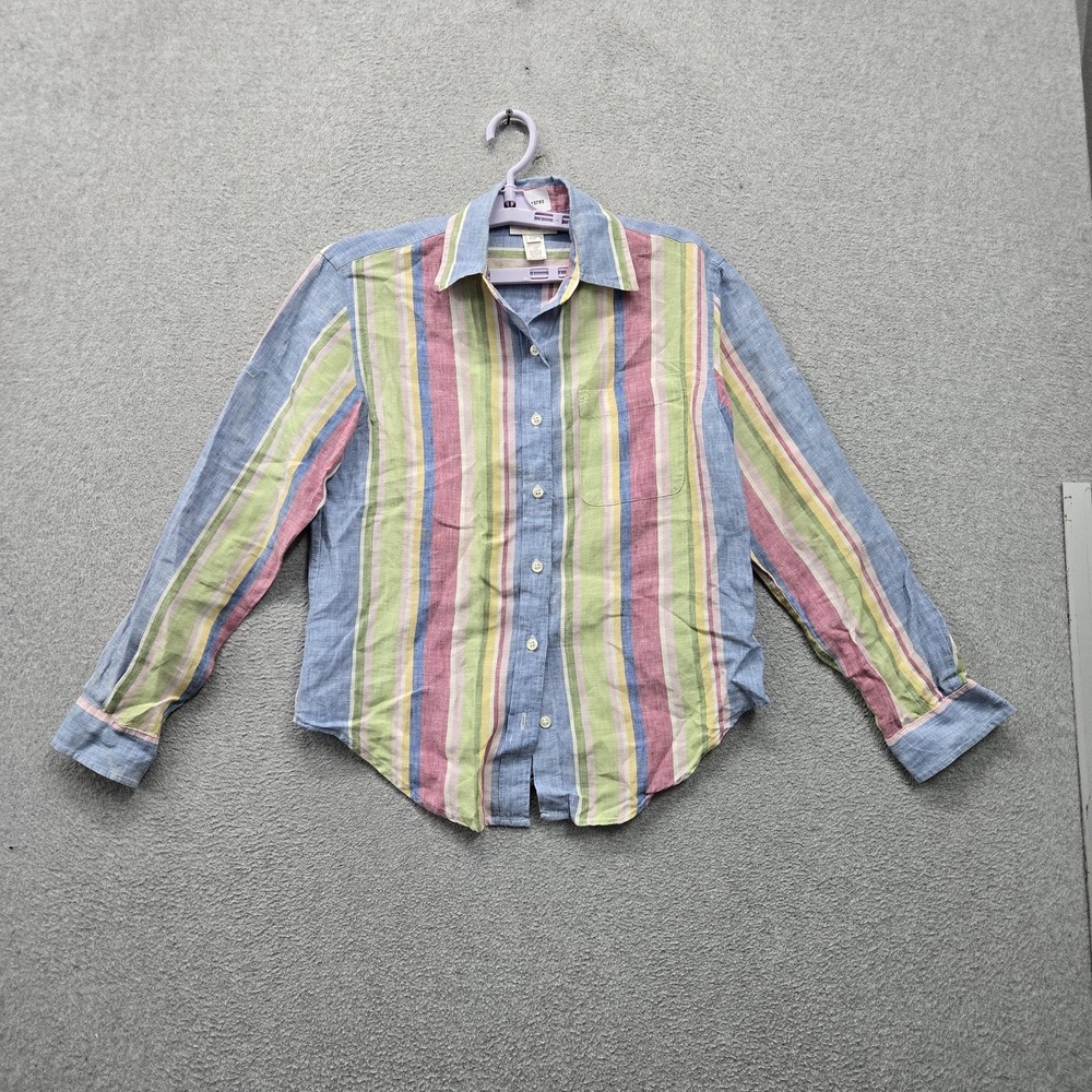 Jones New York Women Button Up Shirt P/P (PETITE) Multicolor Linen Striped